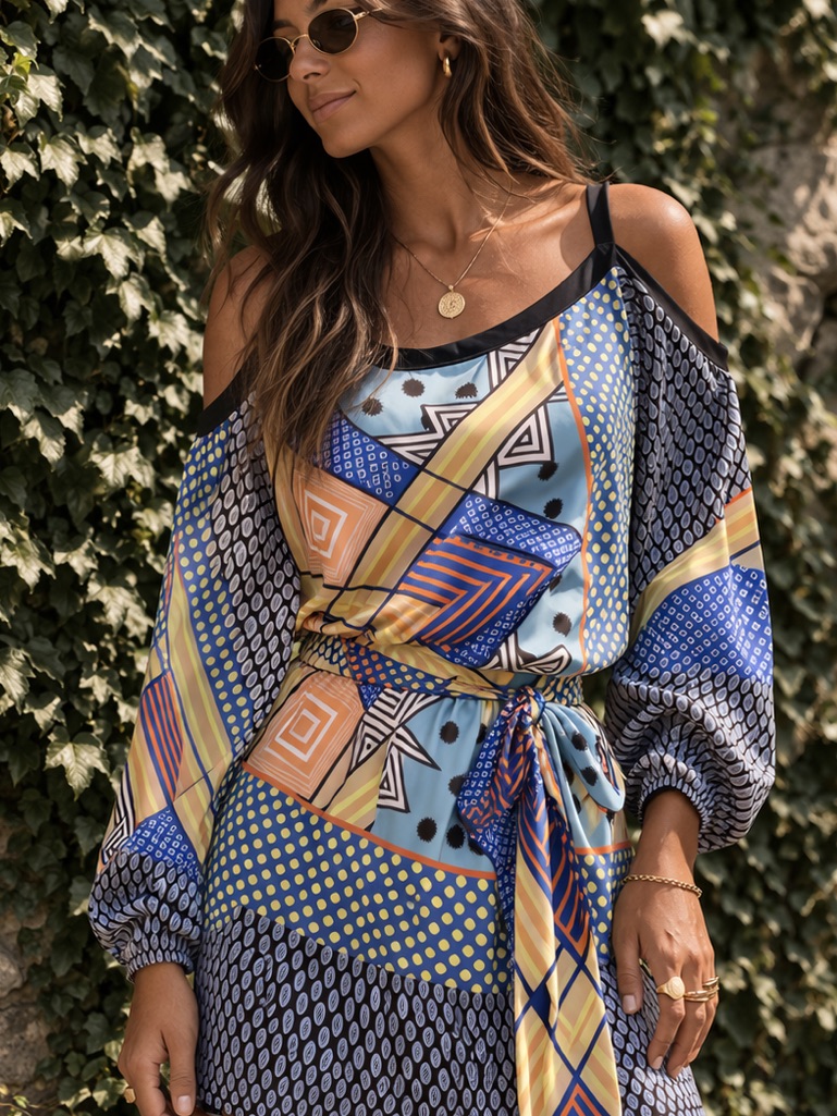 Single Avant Garde Luxury Silk Cold Shoulder Blouson Mini Dress, Xs